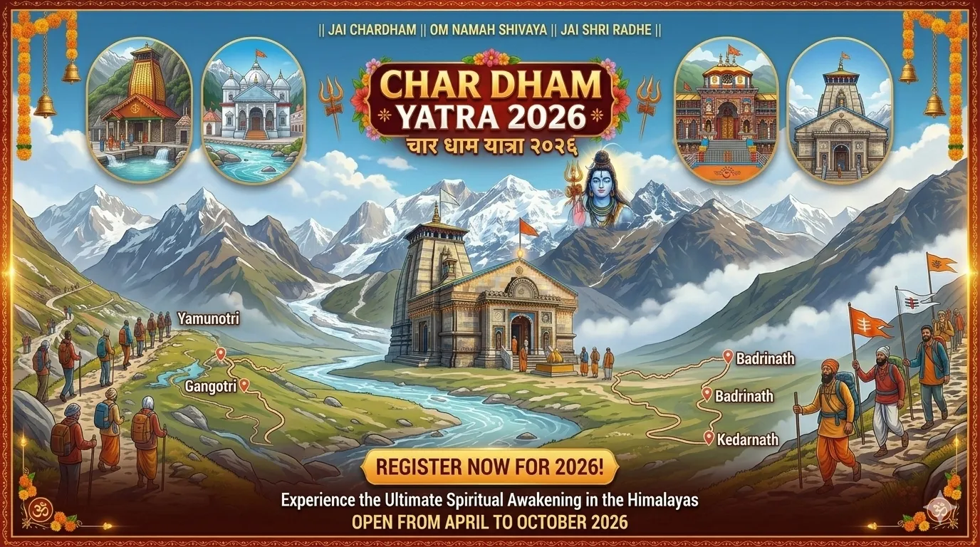 चारधाम यात्रा 2026 के चारों मुख्य मंदिर - केदारनाथ, बद्रीनाथ, गंगोत्री और यमुनोत्री की संयुक्त तस्वीर और पंजीकरण विवरण।